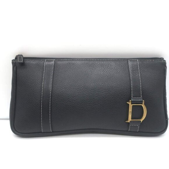 Vintage Christian Dior Small D Clutch Black Grained Leather - Picture 2 of 13
